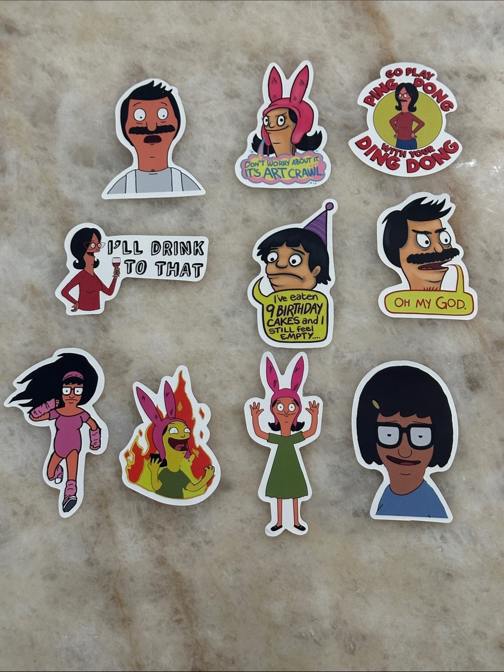 Assorted Bob’s Burgers Cartoon Character Sticker Pack — Pink & Black Accents